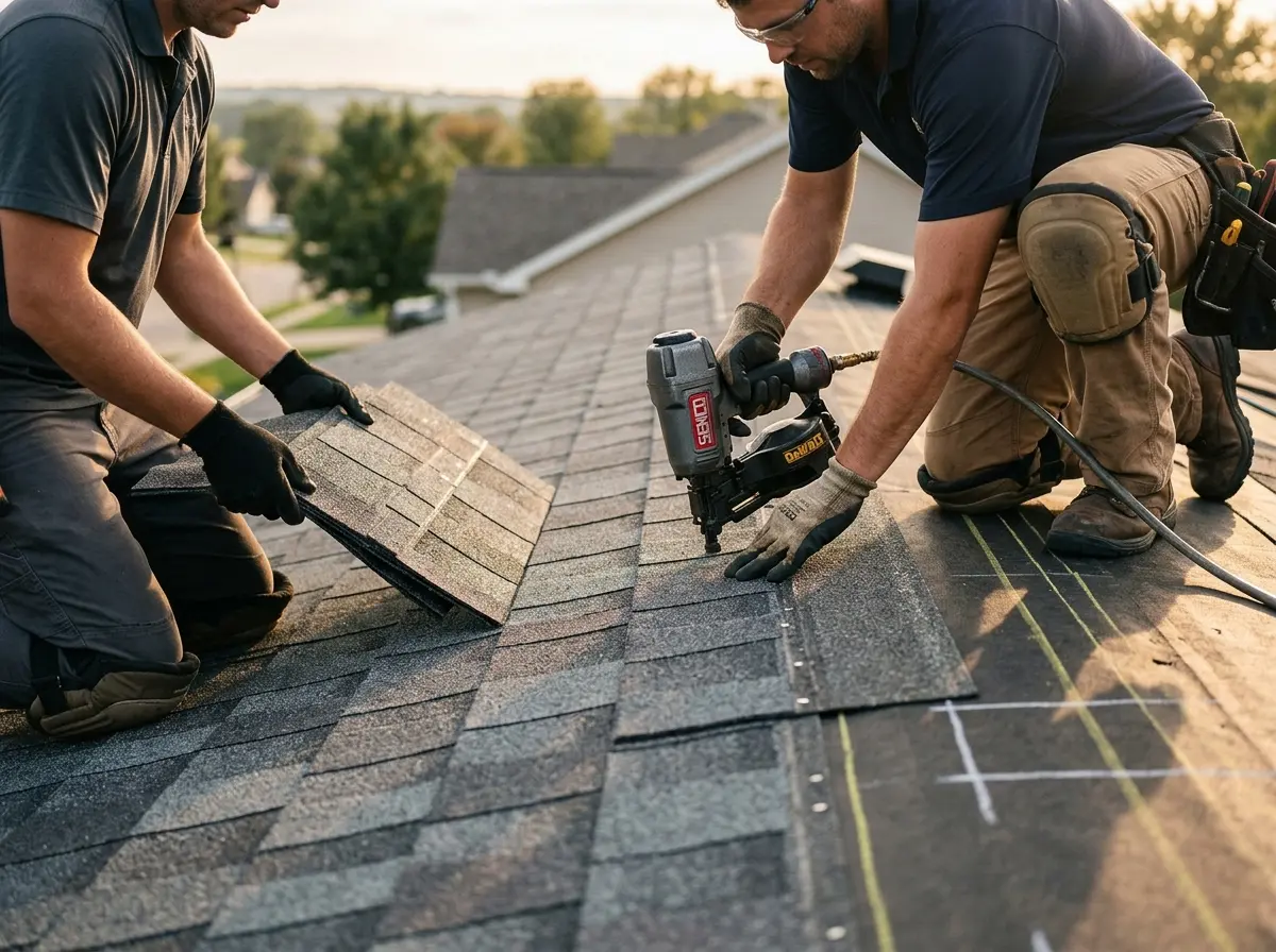 Professional roofer working on a residential roof in Bridgton
